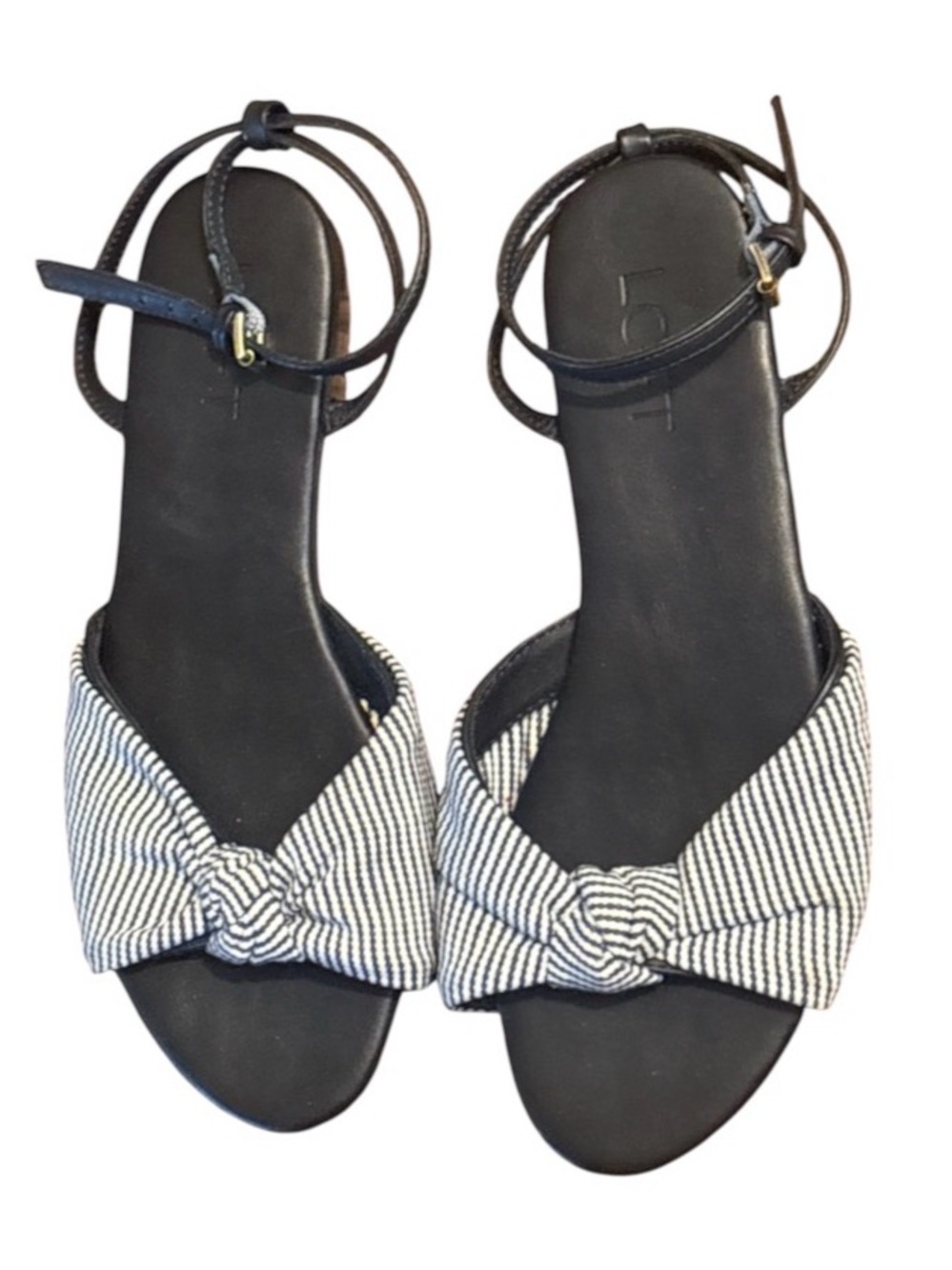 LOFT Navy Blue & White Striped Canvas Bow knot sandal with a strap